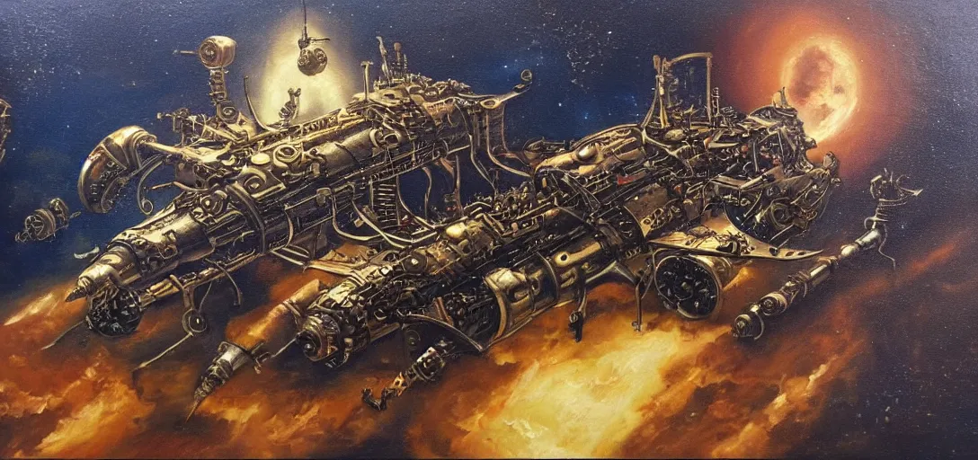 Image similar to oil painting of a steampunk spaceship