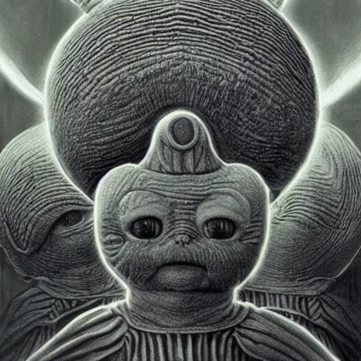 Image similar to detailed realistic illustration of teletubbies, in the style of h r giger and moebius and wayne barlowe