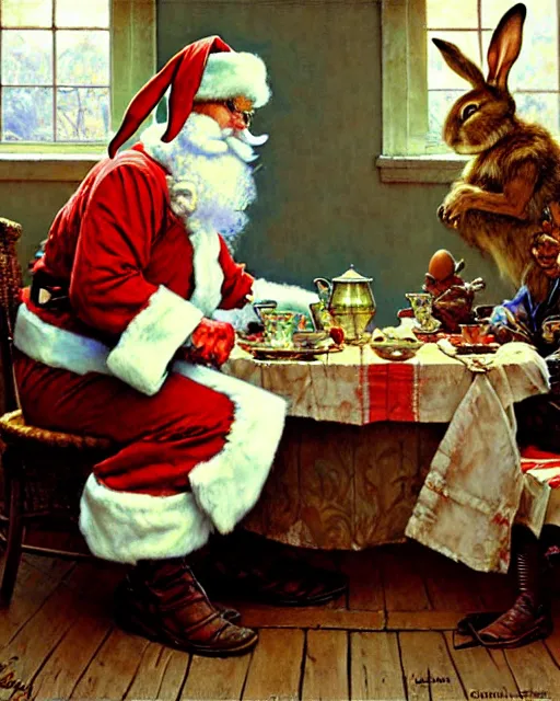 Image similar to easter bunny and santa having tea at high noon, painting by gaston bussiere, craig mullins, j. c. leyendecker, norman rockwell