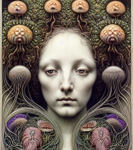 Image similar to detailed realistic beautiful fungi goddess face portrait by jean delville, gustave dore, iris van herpen and marco mazzoni, art forms of nature by ernst haeckel, art nouveau, symbolist, visionary, gothic, neo - gothic, pre - raphaelite, fractal lace, intricate alien botanicals, ai biodiversity, surreality, hyperdetailed ultrasharp octane render
