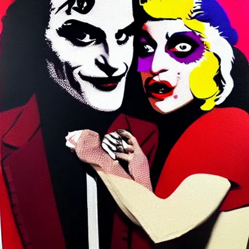 Image similar to mimmo rottela and banksy as joaquin phoenix skinny joker holding hand lady gaga harley queen, ultra photorealistic, intricate details, pop art style, concept art, 3 colors, 4 d, smooth, sharp focus