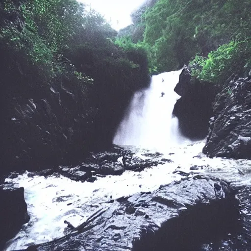 Prompt: a cave with a massive hole in the ground with rushing water at the bottom, creepy, eerie, unsettling, terrifying, jagged rocks, dark, grainy, noisy, slightly blurry, polaroid, deep!!!!!, dark!!!