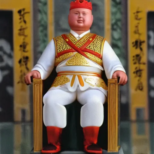 Prompt: Real life Bobby Hill sits on his throne as emperor of Hill Dynasty China, 35mm film