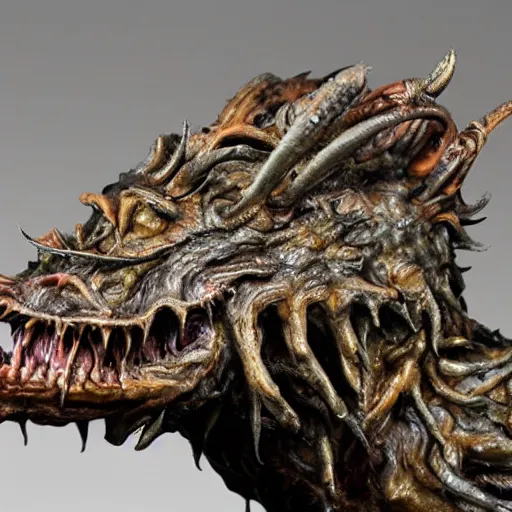 Prompt: photo taken of an epic intricate, ultra detailed, super realistic gritty, terrifying, lifelike bust sculpture of a demon hellspawn creature design created by weta workshop, zoomed in shots, photorealistic, sharp focus, cold colour temperature, f 0. 4, face centred