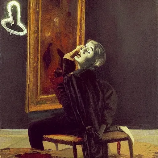 Prompt: A performance art. A rip in spacetime. Did this device in her hand open a portal to another dimension or reality?! acrylic painting, Danny Phantom by Thomas Eakins, by Sebastian Errazuriz, by Élisabeth Vigée Le Brun insane