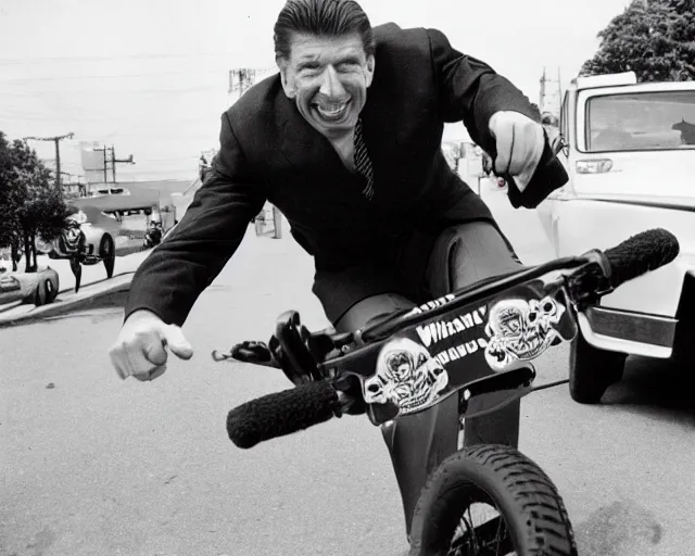 Image similar to 3 5 mm photograph of vince mcmahon pulling a wheelie on a monkey bike