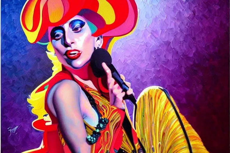 Image similar to highly detailed oil painting of lady gaga singing, colorful dress, very realistic, art nouveau, dramatic light,