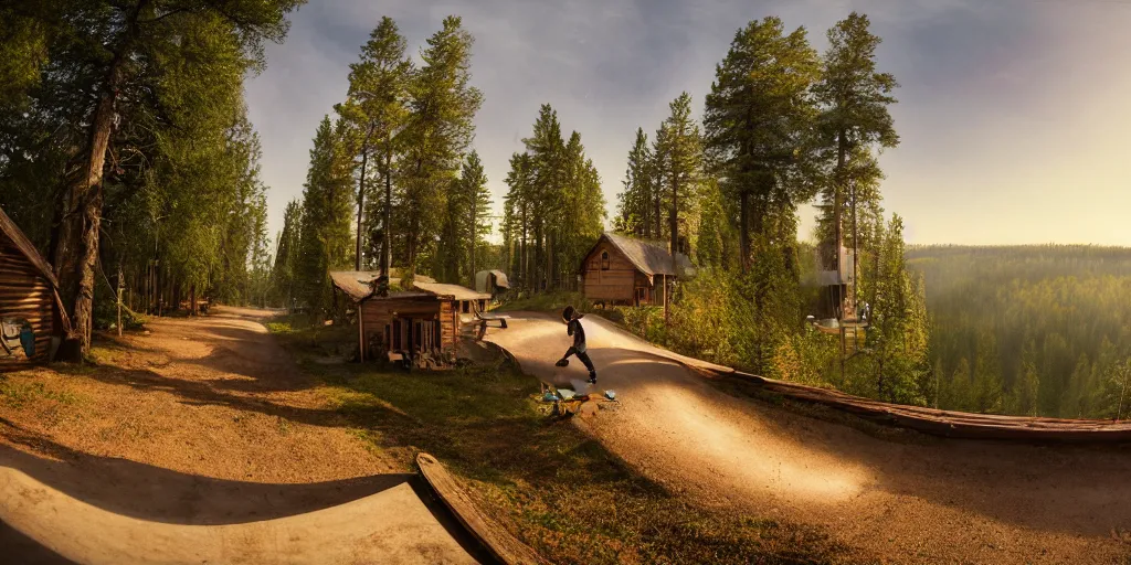 Image similar to a beautiful matte painting of a skateboarder, kick flip, pilgrim village setting, log homes, dirt road, trees, graffiti, fisheye lens, by Mikko Lagerstedt and Raphael Lacoste