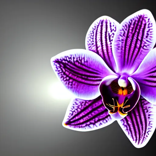 Prompt: an orchid flower, made of metal, cybertronic, reflective, glowing