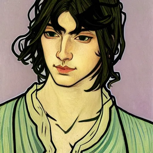 Prompt: painting of young handsome beautiful paladin elf!! man with long! wavy dark hair in his 2 0 s named taehyung minjun at the blueberry party, wearing armor!, long hair, elf ears, elegant, clear, painting, stylized, delicate, soft facial features, art, art by alphonse mucha, vincent van gogh, egon schiele,