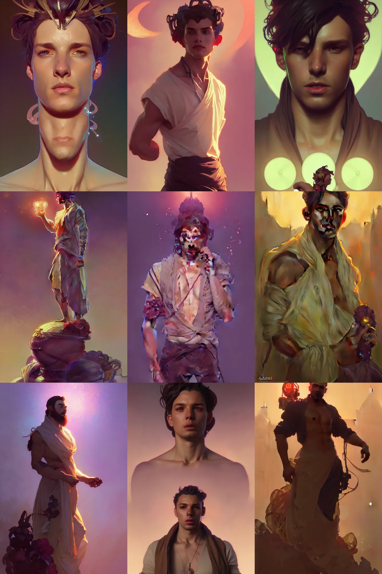 Prompt: beautiful male character concept by greg rutkowski, alphonse mucha, cgsociety and beeple highly, lily, plumeria, relish, shimmer detailed, cinematic lighting, octane render, unreal engine lumen, very coherent. cinematic, hyper realism, high detail, octane render, 8 k