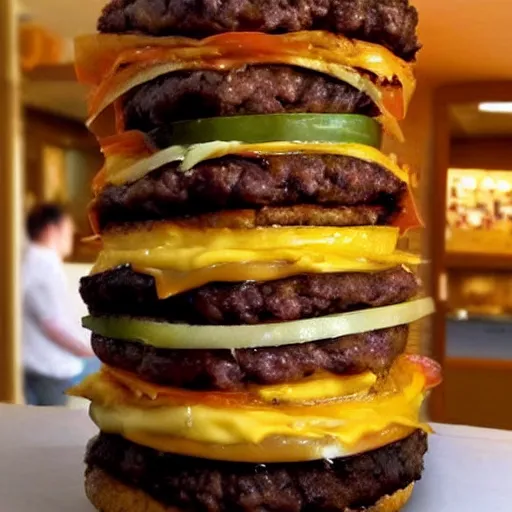 Image similar to a cheeseburger tower made of gigantic stacks of meat patties and cheese slices with a bun on each side, delicious looking burger - stack - tower