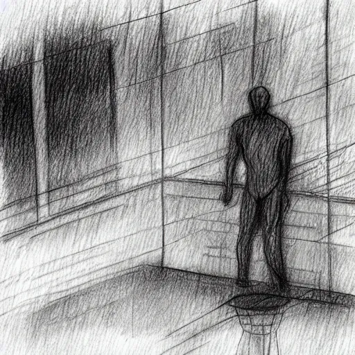 Image similar to a drawn man in the jacked stand in rain. pencil sketch.