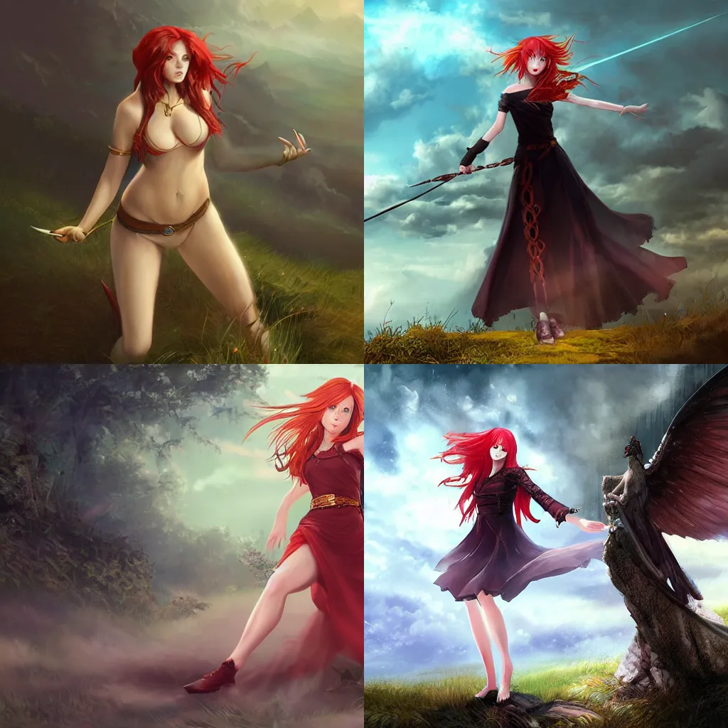 Prompt: A redheaded female sorceress, throwing a magic spell at her target, standing at the top of a hill. Dark fantasy anime, digital painting by WLOP.