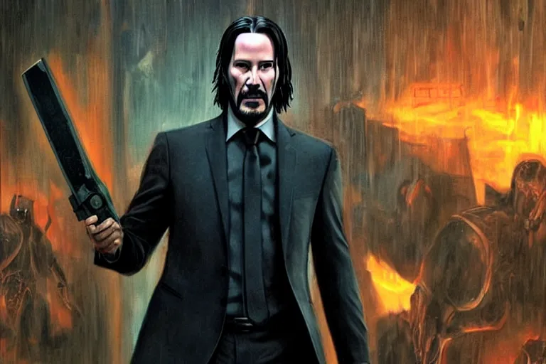 Prompt: keanu reeves as john wick, holding a chainsaw, cinematic, doom eternal concept art