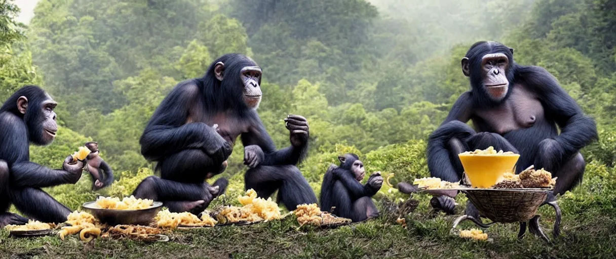 Prompt: Atmospheric still from BIG MONKEY MOUNTAIN (2022) depicting the chimpanzees meeting with the Macaroni and Cheese King