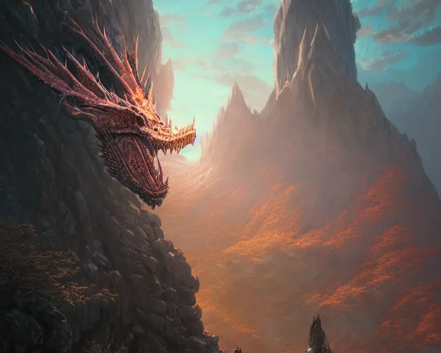 Prompt: highly detailed portrait of a dragon, in skyrim, stephen bliss, unreal engine, fantasy art by greg rutkowski, loish, rhads, ferdinand knab, makoto shinkai and lois van baarle, ilya kuvshinov, rossdraws, tom bagshaw, global illumination, radiant light, detailed and intricate environment