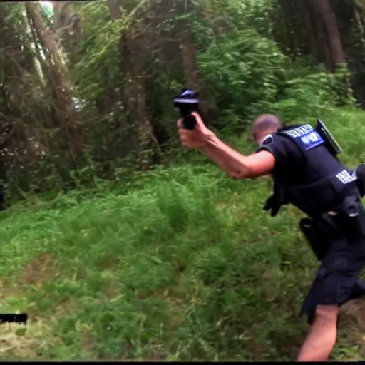 Prompt: police bodycam footage of fleeing caveman