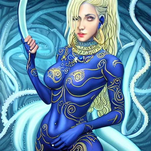 Prompt: kali is a goddess, she has blonde hair and blue eyes, and has the ability to form tentacles. 8 k fantasy art, highly detailed and intricate illustration