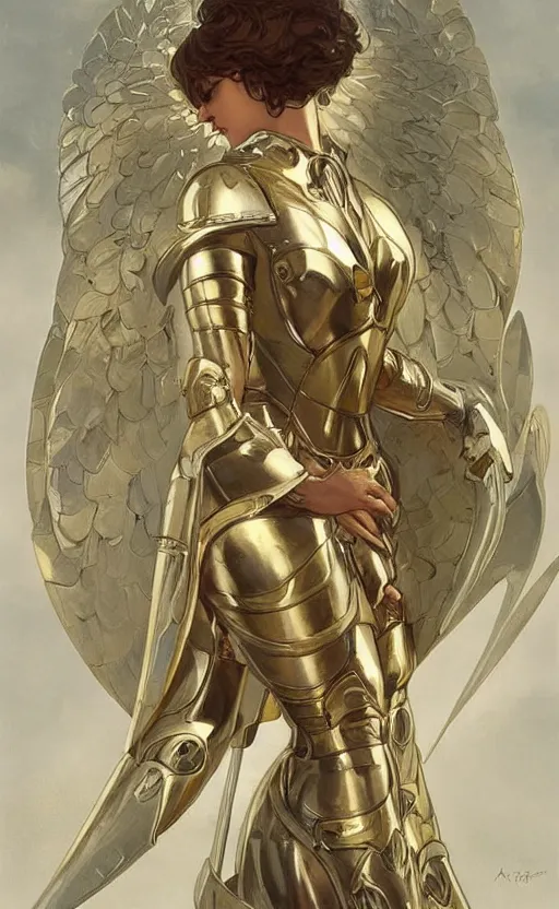 Image similar to Female knight angel in gold and silver armor, their white wings are extended. By artgerm and greg rutkowski and alphonse mucha