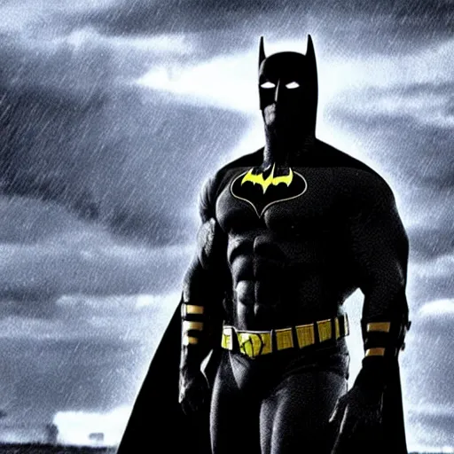 Image similar to Dwayne Johnson as Spiderbatman ,under rain, dramatic , an film still