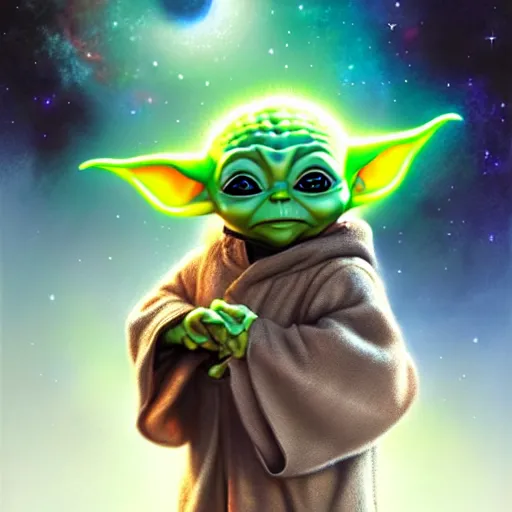 Image similar to an cosmic space lithograph of baby yoda, by stanley artgerm lau, wlop, rossdraws, james jean, andrei riabovitchev, marc simonetti, and sakimichan, tranding on artstation