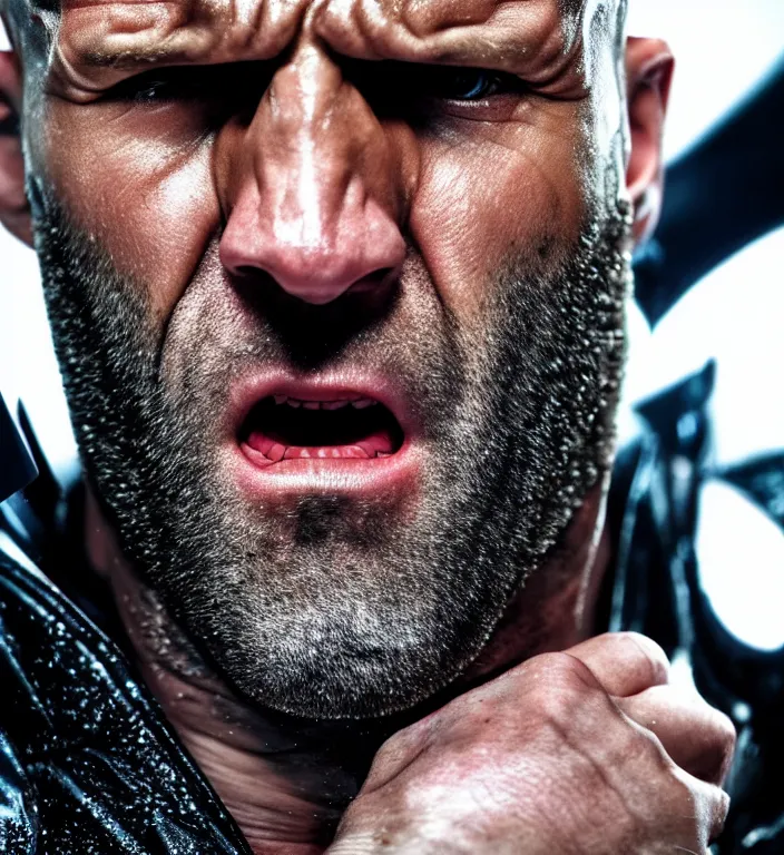 Image similar to cinematic still of jason statham as batman, close up, screaming in pain, dramatic rain, 8 k