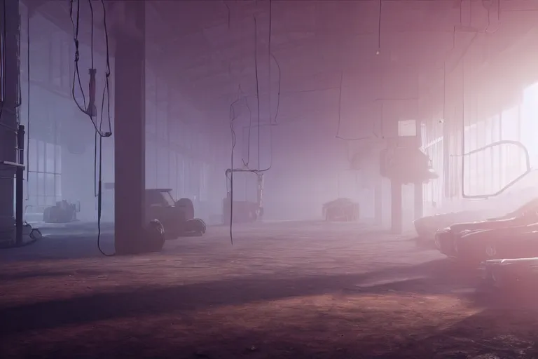 Image similar to a factory in fog, sun beams breaks through smoking pipes, a small red light is flashing in the bottom right corner, 4k, ultra details, cinematic, epic style, beautiful photo, hyper realistic, octane render, unreal engine, award winning, on artstation, volumetric lightning, masterpiece, golden hour,