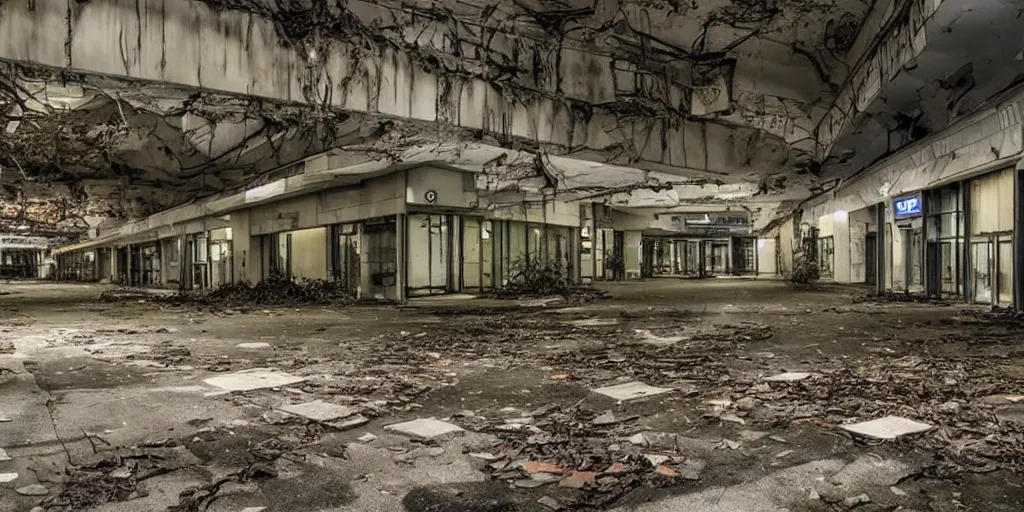 Image similar to overgrown and worn - down abandoned mall at night, award - winning anime scene