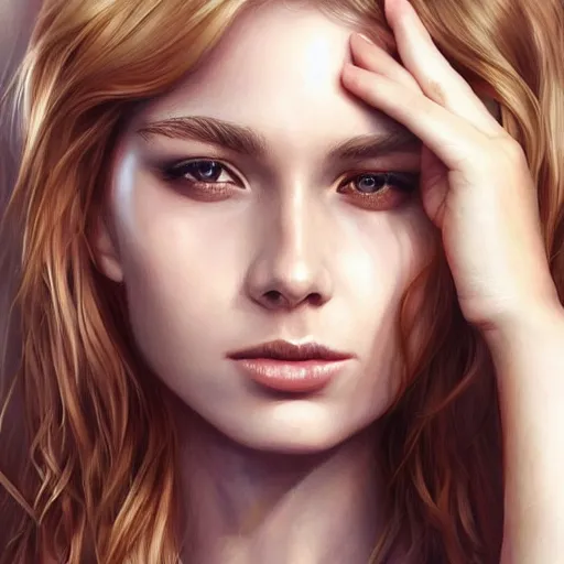 Image similar to creative woman, cute - fine - face, pretty face, oil slick hair, realistic shaded perfect face, extremely fine details, realistic shaded lighting, dynamic background, artgerm, 8 k ultra realistic, highly detailed, sophie anderson