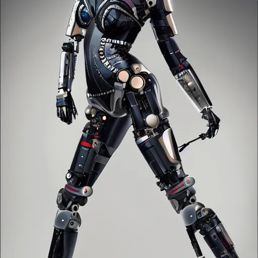 Image similar to full body portrait of Margot Robbie as a cyborg with robotic prosthetic arms and legs, 4k, hyperdetailed, photorealist, DSLR photograph