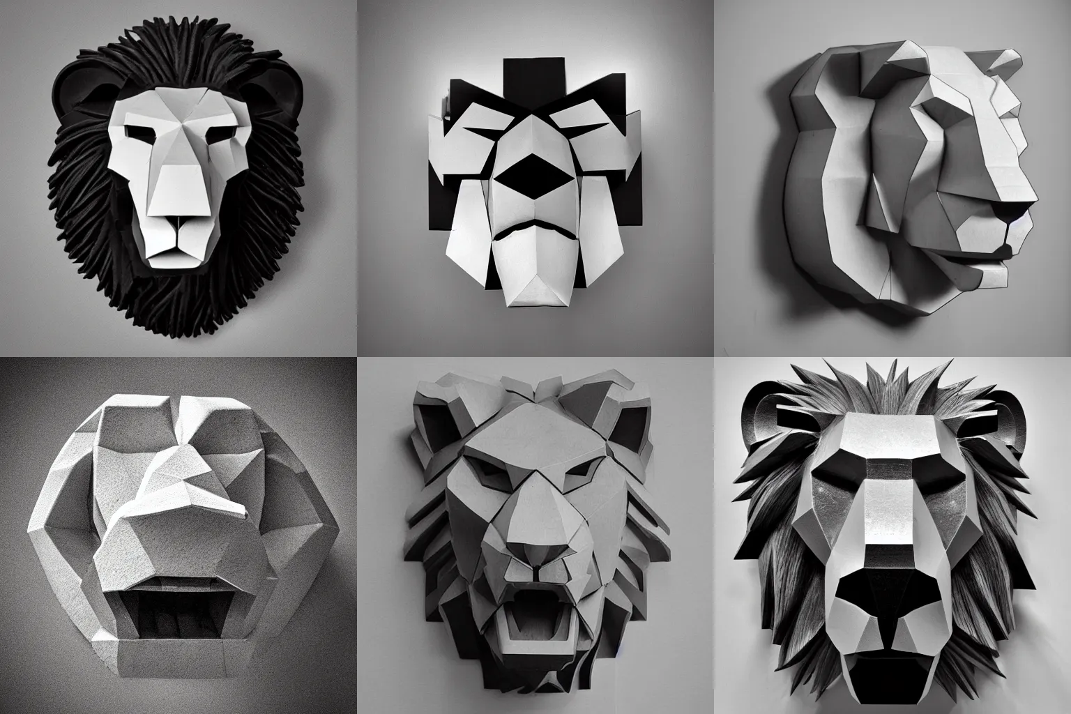 Prompt: angry lion head cubist sculpture black and white hard light