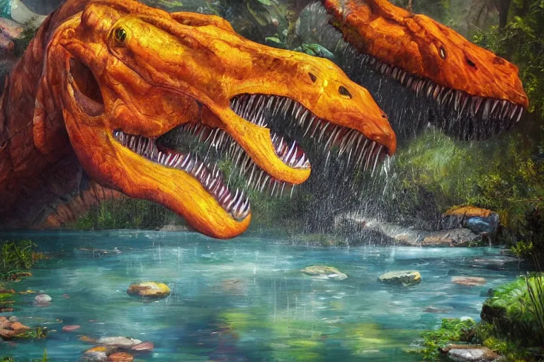 Image similar to highly detailed oil painting of a tyrannosaurus sitting in a steaming colorful hotspring stream, featured on artstation