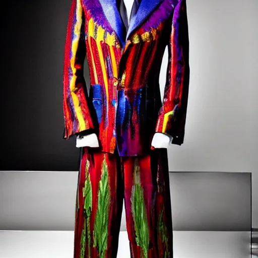 Image similar to stunning color photograph of an extravagant suit designed by edvard munch. award winning piece of fashion. studio lighting