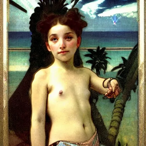 Image similar to Girl throwing gand signs at the palace, thunderstorm, pool, beach and palm trees on the background major arcana sky, by paul delaroche, alphonse mucha and arnold böcklin arnold böcklin hyperrealistic 8k, very detailed