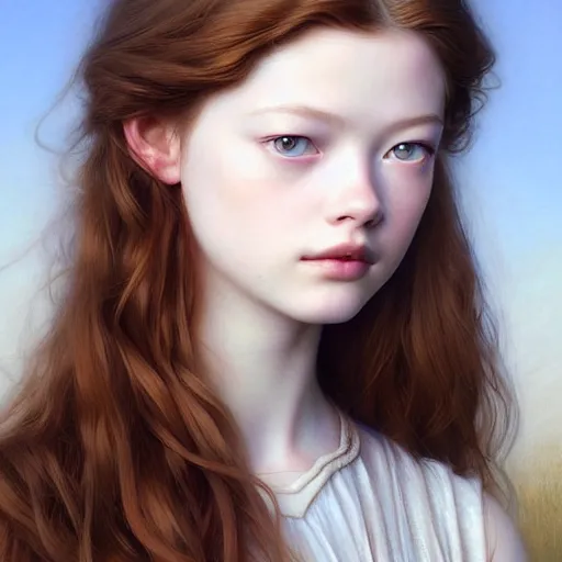 Prompt: beautiful striking Pre-Raphaelite Mackenzie Foy by Artgerm and Greg Rutkowski, intricate, elegant, highly detailed, digital painting, pale