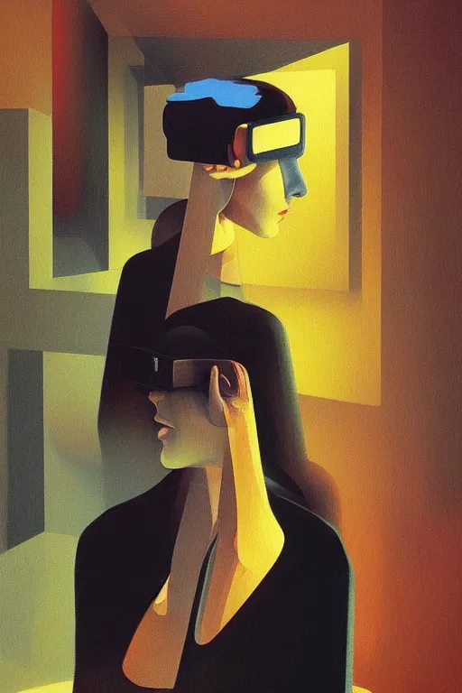 Image similar to woman wearing Oculus and digital glitch head Edward Hopper and James Gilleard, Zdzislaw Beksisnski, higly detailed