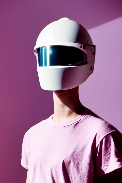Prompt: a high definition film photograph of a normal androgynous robot human wearing a plain white t - shirt, in a pastel pink room. happy. visor covering eyes. reflective chrome helmet. crushed shadows.