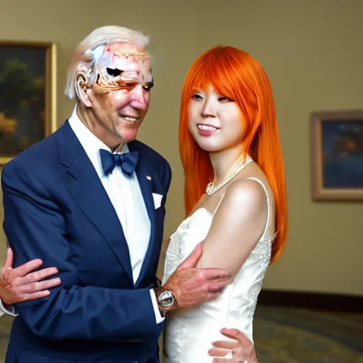 Image similar to professional photograph of Joe Biden and Asuka Langley getting married, very detailed, very intricate, 8k,