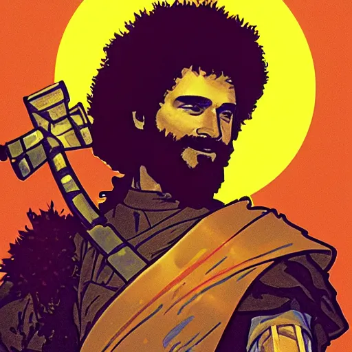 Prompt: an ultra detailed vector image of bob ross dressed as solaire of astora, concept art by alphonse mucha and greg rutkowski, bright red desert sands, bright yellow and red sun, octane render, praise the sun