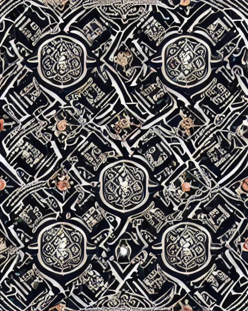 Image similar to a seamless pattern of Tibetan calligraphy on Dark paper, swarovski studded words in metallic and diamond sparkle, Tarot card, Tibetan text script, Tivet manuscript, pearls, diamonds, opal, bvlgari, ultra realistic, sharp focus, symmetric, 8k high definition, insanely detailed, intricate, elegant, Hajime Sorayama, Octane render, unreal engine,