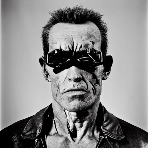 Prompt: the terminator, irving penn portrait, large format black and white photography