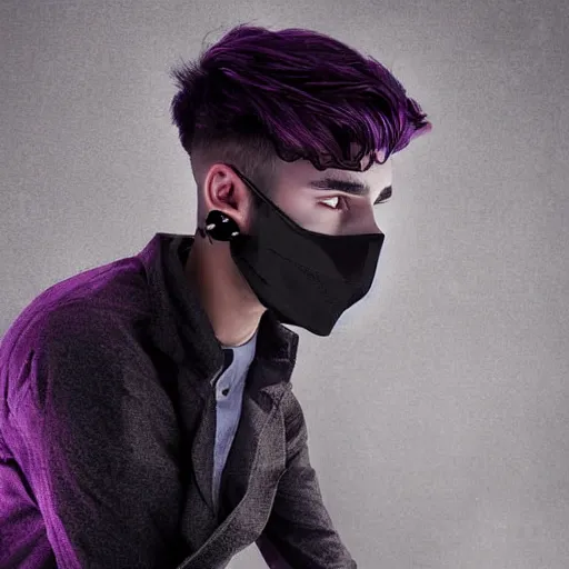 Image similar to professional digital art of a stylish young adult man with short dyed hair, a black face mask, earrings, and dark long-sleeved clothes, high quality, HD, 8K, highly detailed, award-winning, dark purple clouds