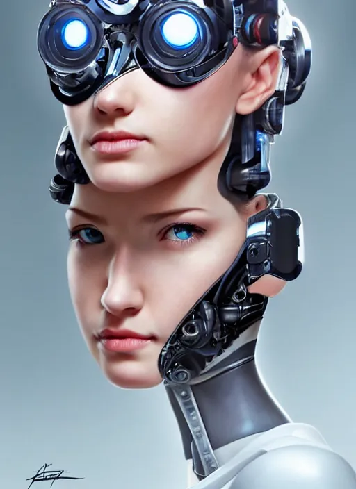 Image similar to portrait of a cyborg woman who turns her head to the ((((((right))))) left+50 (((((up))))) (((((down))))) by Artgerm,eyes closed , biomechanical, hyper detailled, trending on artstation