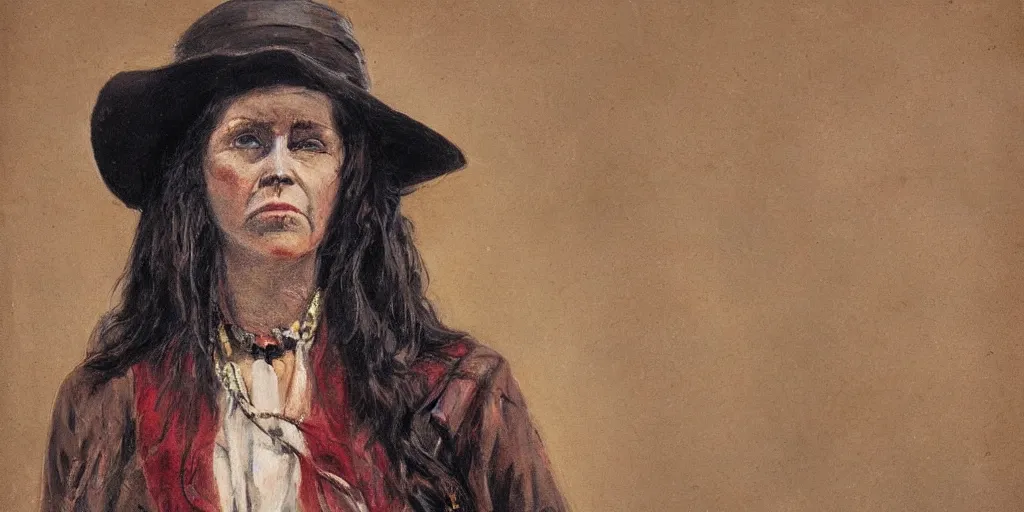 Image similar to portrait of an wild west outlaw woman, colorful