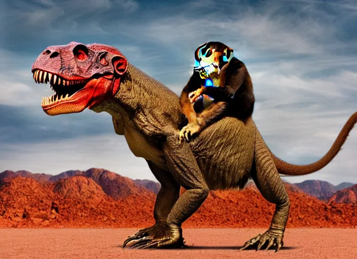 Image similar to Monkey riding T-Rex, Tyrannosaurus rex, saddle, mounted, digital art, Utah desert, monkey, monkey riding t-Rex, 8k