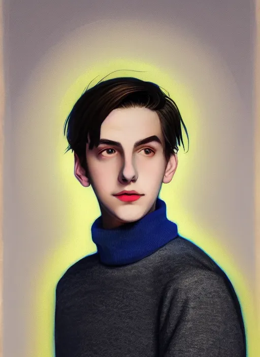 Image similar to portrait of teenage jughead jones wearing a light grey crown, crown, blue turtleneck, 1 9 5 0 s, closed eyes, photorealistic, black hair, glowing lighting, intricate, elegant, glowing lights, highly detailed, digital painting, artstation, concept art, smooth, sharp focus, illustration, art by wlop, mars ravelo and greg rutkowski