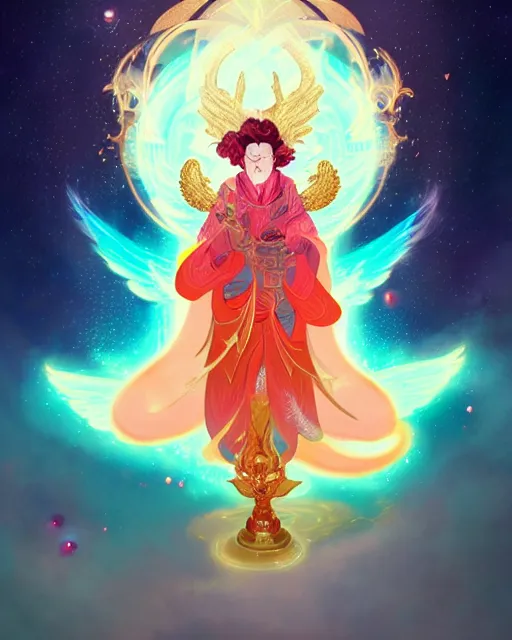 Image similar to a character portrait of only one male angel with golden fiery wings, surrounded with spiriling sparkling rose crystals and galaxies, by peter mohrbacher, hyper light drifter, ukiyo - e trending on artstation