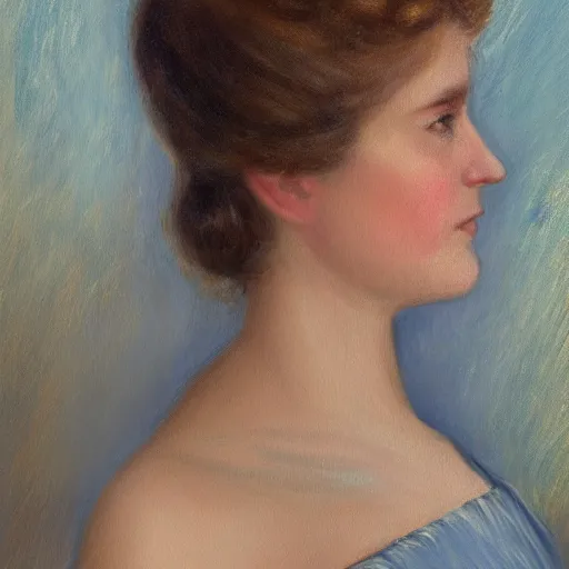 Image similar to portrait painting of a lady in a light blue dress 1 9 0 0 s entire face shown in great detail, garden, photorealistic, extreme detail, sharp focus, 8 k, intricate, hyper detailed, realistic, cinematic lighting