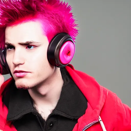 Prompt: Picture of Punk rocker with pink spike hair listening to music with Red Audio-technical ATH-W1000 Wood headphones